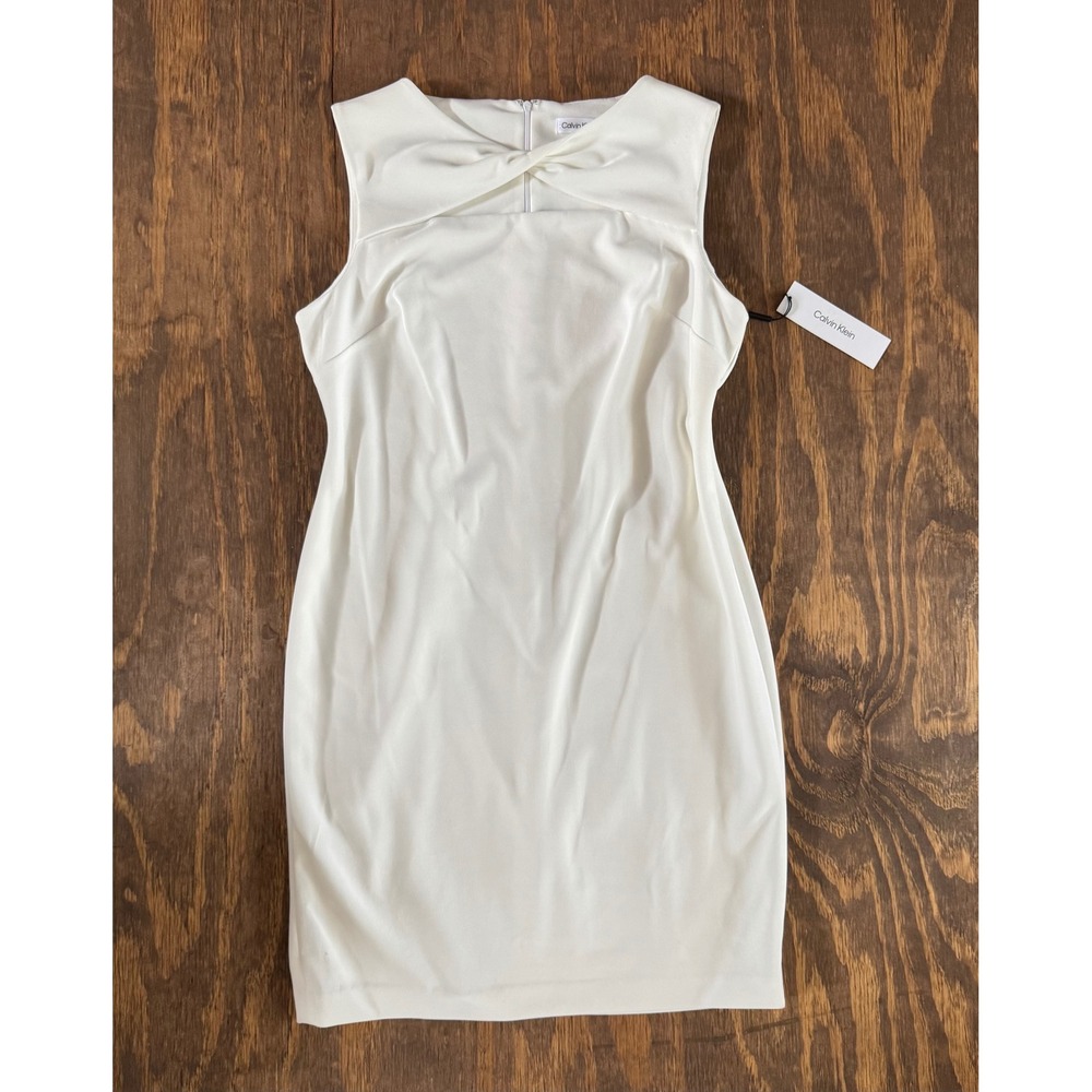 NWT Calvin Klein Ivory Twist Neck Sheath Dress | Size 16 | MSRP $134